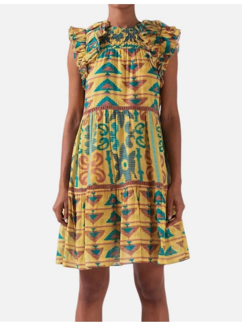Ash&Eden Yellow Printed Ruffle-Sleeve Summer Dress